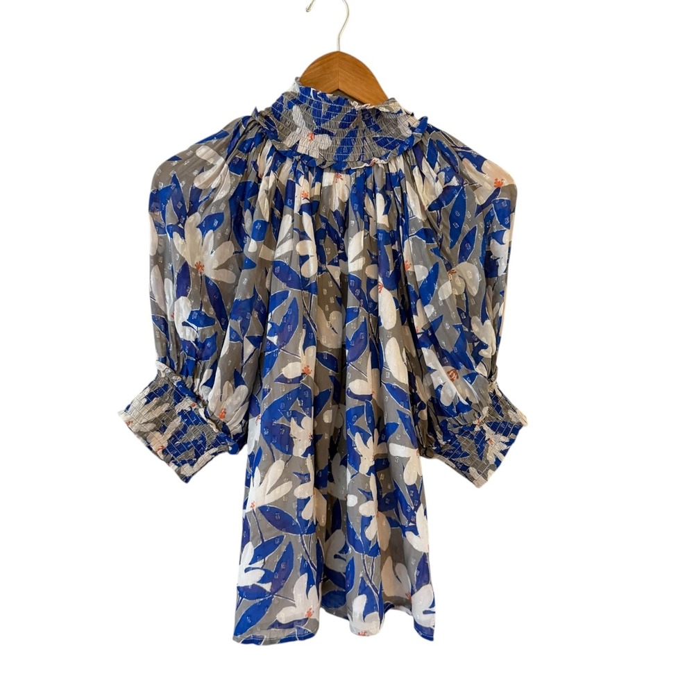 Never A Wallflower Floral Tunic Top Womens XXS Blue High Neck Boho Chiffon NWT - Picture 2 of 8